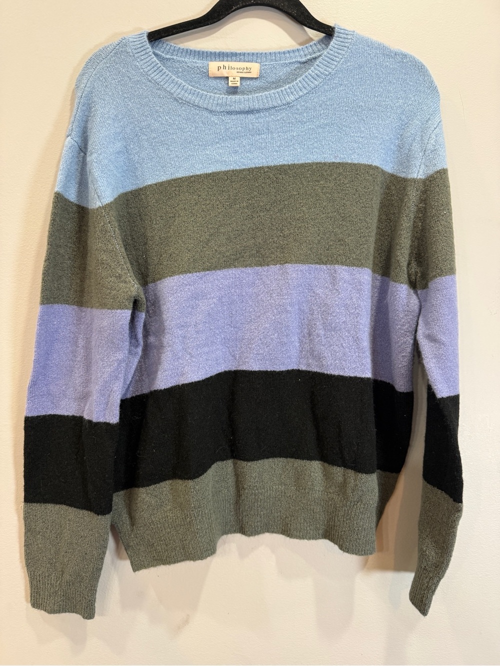 Philosophy Striped Crewneck Sweater in Light Blue, Olive & Lavender